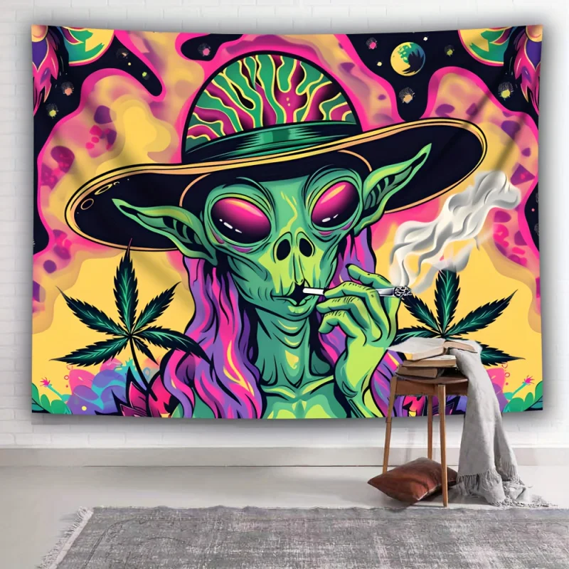 

VIKAMA Alien Smoking Quirky Tapestry Art Home Decor Suitable For Bedrooms, Offices, Living Rooms, Dormitories And Home Decor