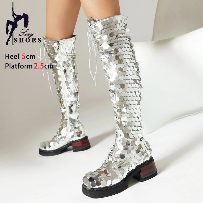 Sequined Long Boots Women Glitter Bling Nightclub Party Shoes Thick Sole Casual Lace-up High Heels Female Over-the-keen Boots