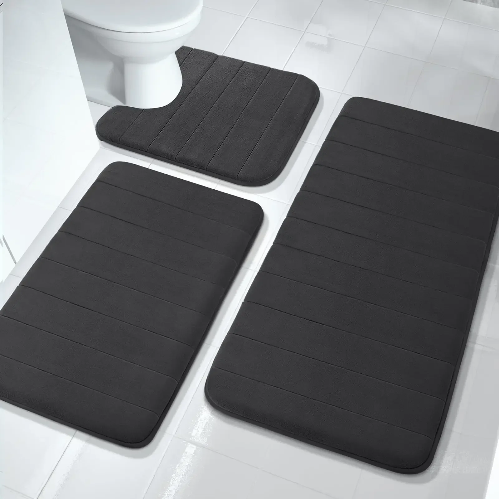 Black Memory Foam Bath Mat Soft Comfortable Super Water Absorption Non-Slip Thick Machine Washable Easy to Dry Home Floor Rug