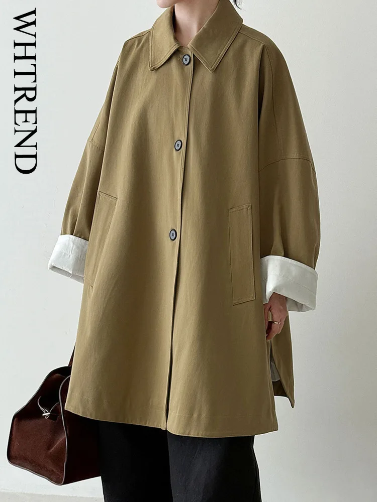 

WHTREND Korean Style Oversized Hem Split Trench Coat For Women Autumn New Single-Breasted Mid-Length Coat Jacket WH1385