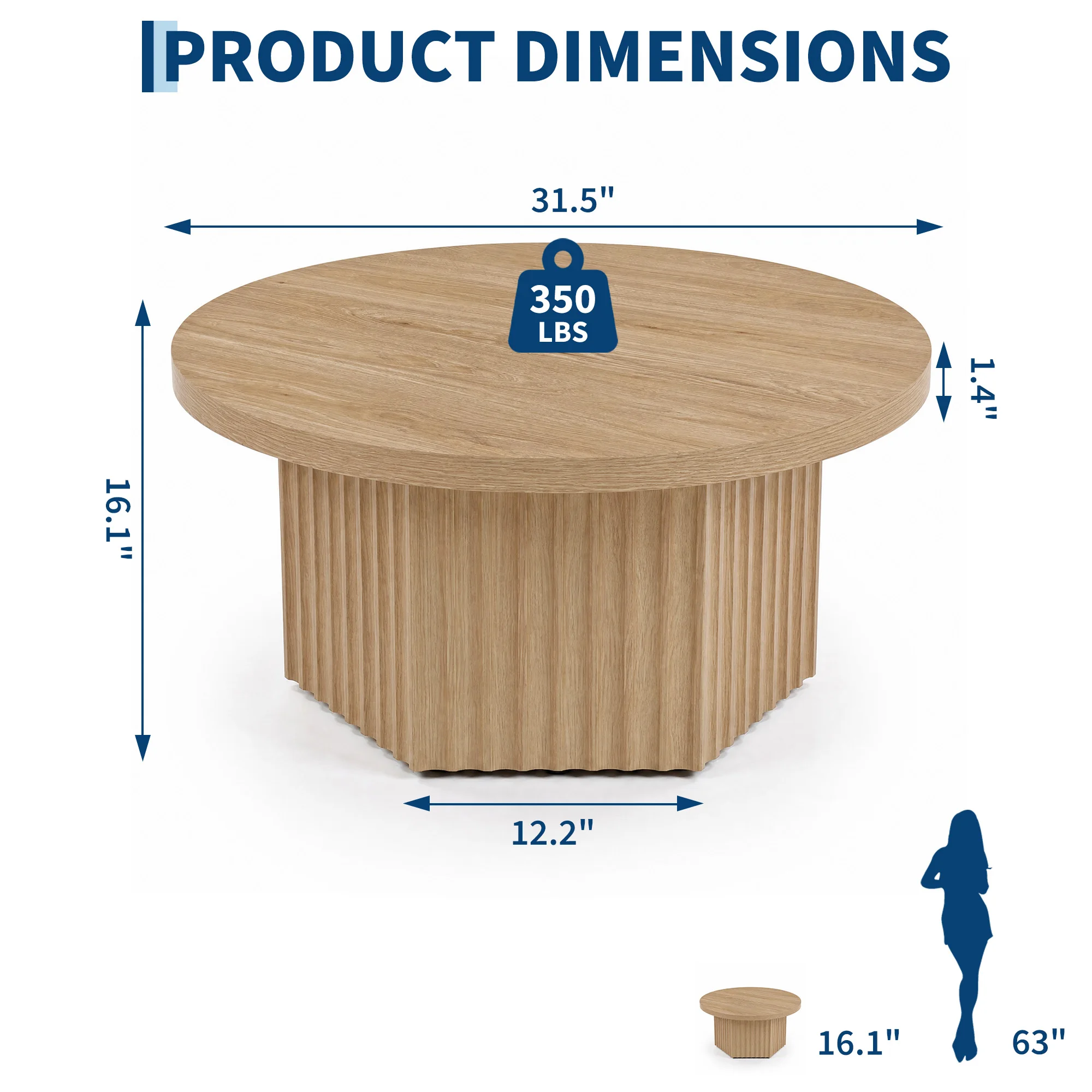 Round Coffee Table, Mid Century Modern Fluted Coffee Table | Small Circle Engineered Wood Center Cocktail Table, Accent Cocktail & Tea Table for LivingRoom