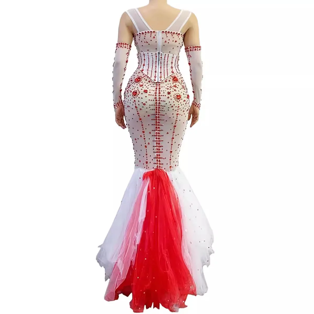เพชรชุดวันเกิดหัวใจสีแดงเพชรTulleเสื้อกั๊กFishtailชุดวินเทจแฟชั่นVestidos De Gala De Noche Party Dresses