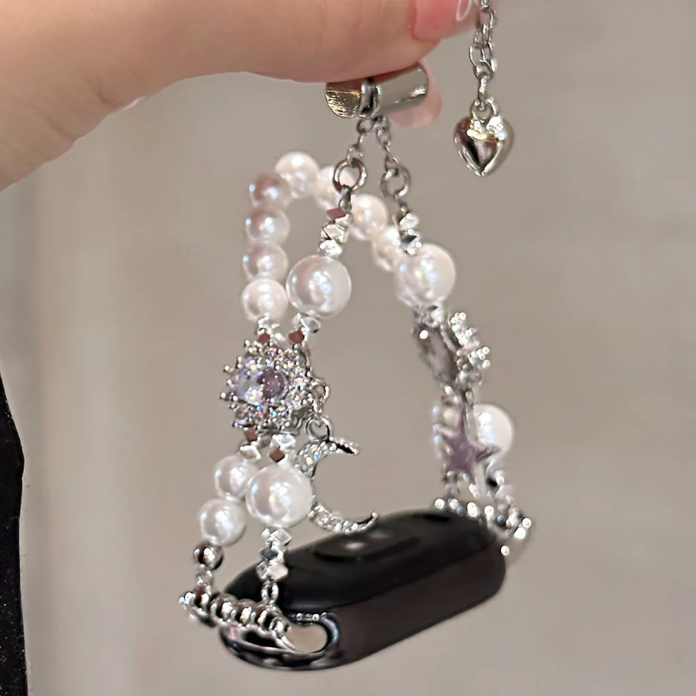 Elegant Moon Star Charm Bracelet for Xiaomi Mi Band 11 10 9 8 Pro Beaded Strap for Redmi Watch 6 5 4 Adjustable Metal Chain