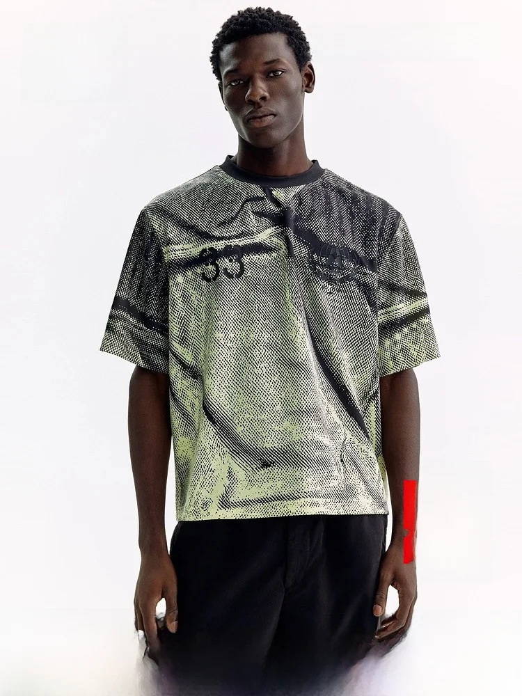 

H&M Men's Summer New Loose Fit Printed Square T-shirt Casual Style Polyester Fiber Short Sleeve Fashionable Streetwear