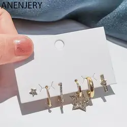 ANENJERY 6 pieces/set Silver Color Micro Zircon Star Hoop Earring Set Exquisite Hip hop Party Earrings