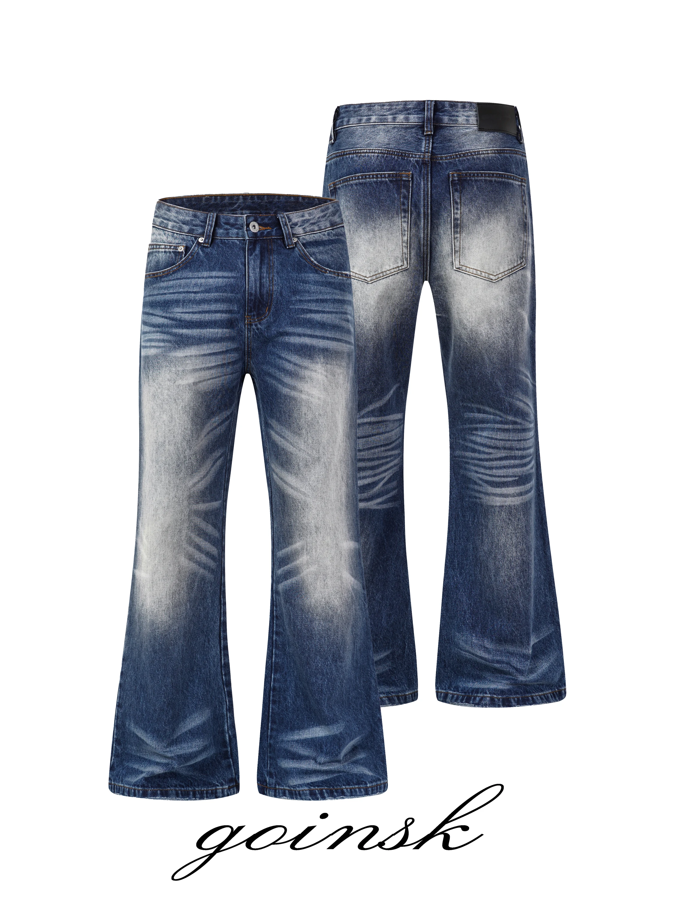 Calça Jeans Goinsk Vintage Azul Profundo Gradual com Barra Larga para Homens e Mulheres, Calça Jeans Slim Reta, Moda Jovem Ca...