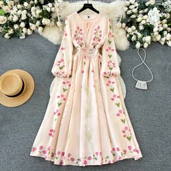 Chic Elegant Long sleeves print Flowers Puff Sleeve Dress A-line High Waist Vacation Party Women French Autumn Spring Vestidos