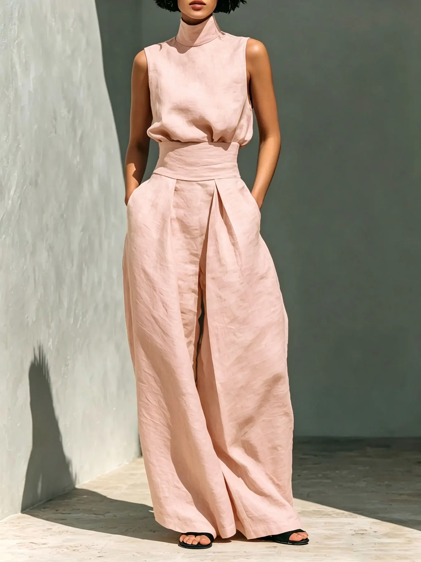 Elegantes Zweiteiler-Set für Damen, Schlichter Stil Leinen-ähnliche Mischung Hochgeschlossenes Ärmelloses Oberteil und Weite Hose, Schicke Einfarbige Ausführung