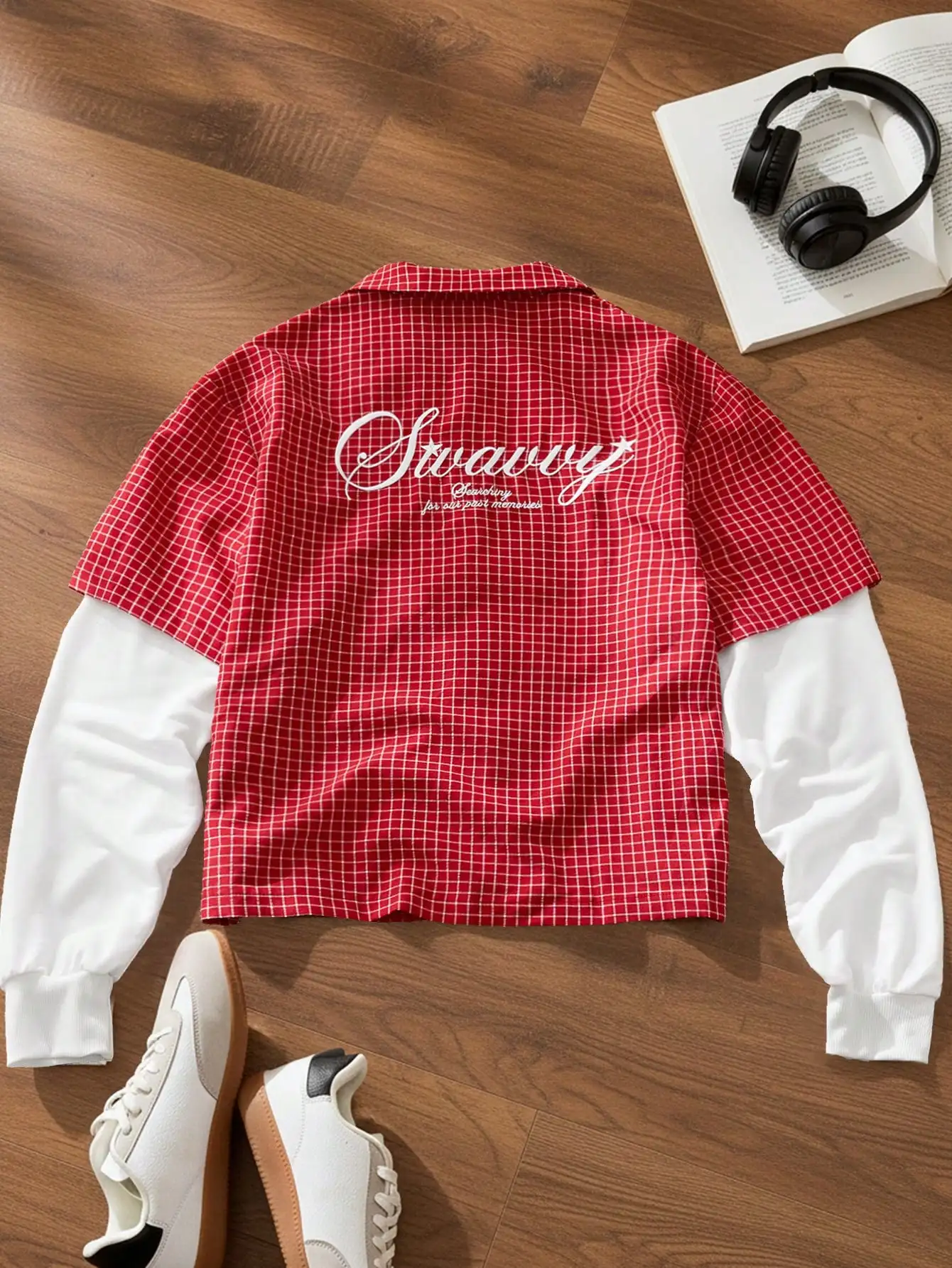 

Men's Red Grid Print Drop Shoulder Layered Long Sleeve Shirt