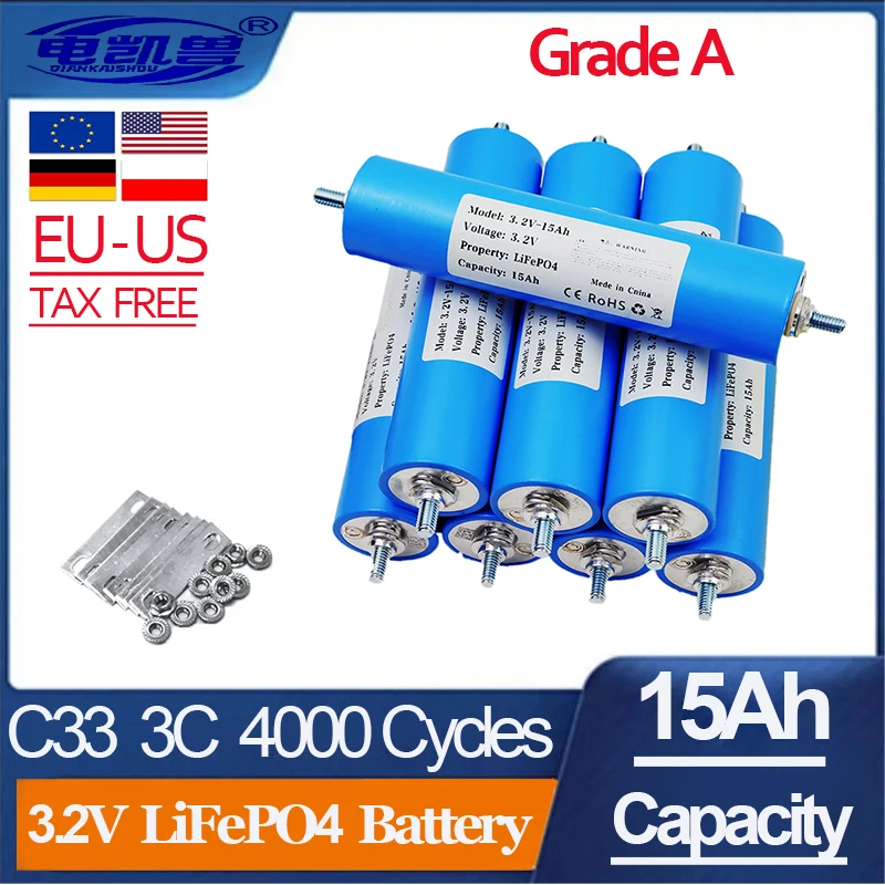 

3.2V 15Ah LiFePO4 Battery C33 Lithium Phosphate Cell for 12V 24V Motorcycle Car motor Modification Inverter batteries