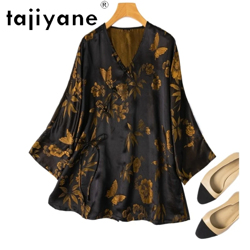 

TAJIYANE 35% Mulberry Silk 65% Rayon Blouse for Woman Black Gold Jacquard Spring Tops Chinese Style Shirts 2026 Women Clothes 셔츠