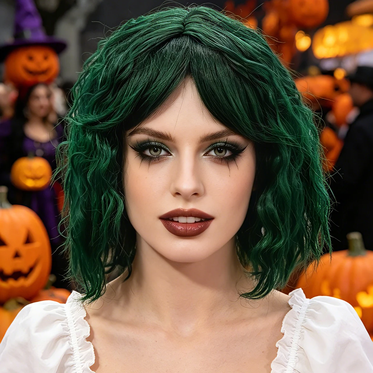 Dark Green Short Curly Fluffy Synthetic Wig Middle Part Men Joker Halloween Party Cosplay Costume Hairpiece
