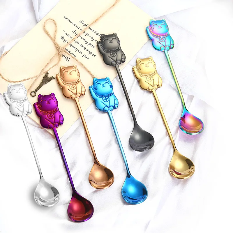 Creative 304 Stainless Steel Cartoon Lucky Cat Spoon Gift Coffee Stirring Spoon Ice Cream Ice Cream Dessert Spoon