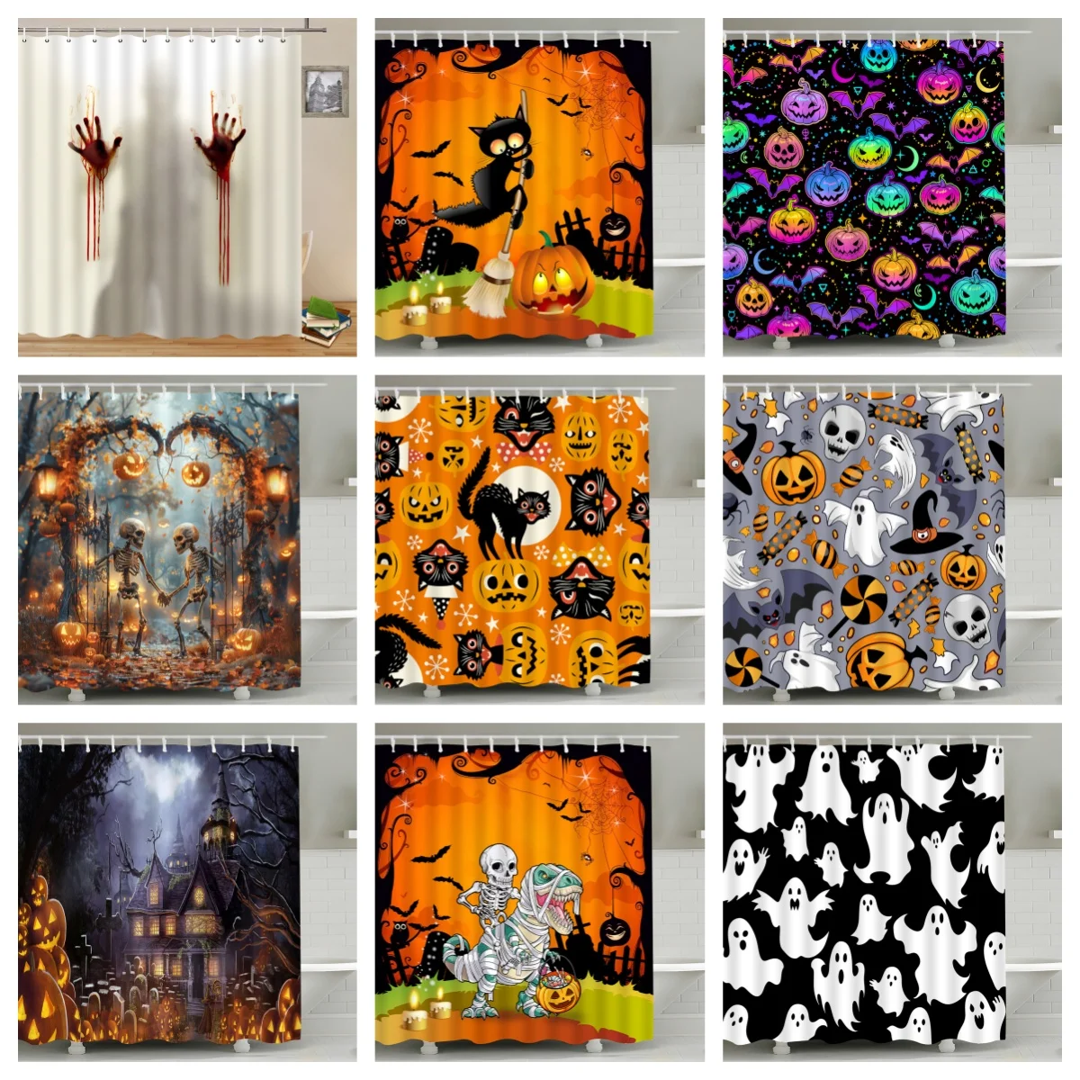 Halloween Shower Curtains Horror Blood Handprint Hazy Silhouette Help Me Skeleton Black Cat Pumpkin Lamp Bathroom Curtain Set