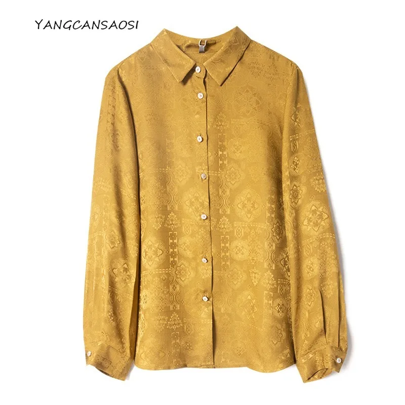 2025 المرأة الخريف 100% التوت الطبيعي الحرير الجاكار الساتان موضة كلاسيكية الأصفر بدوره إلى أسفل طوق كم طويل مكتب قميص #1