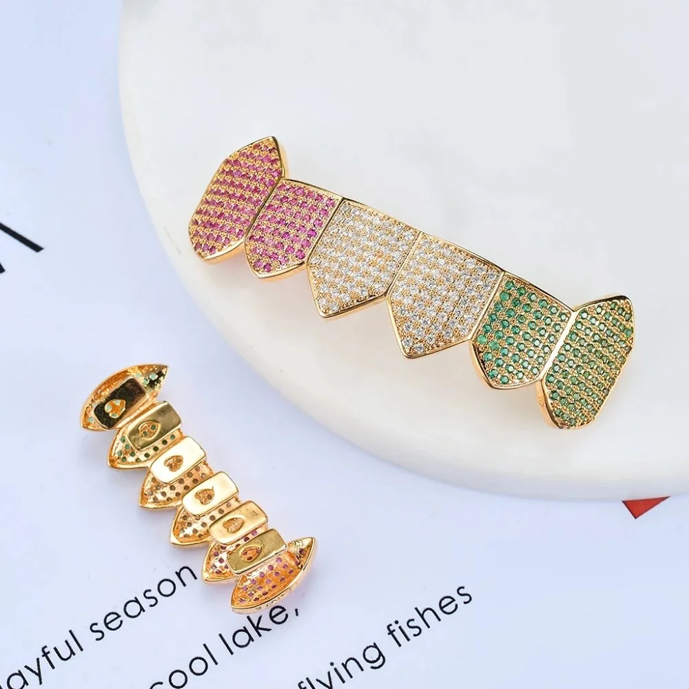 Juego de parrillas de circón cúbico multicolor para hombres y mujeres, piedras CZ, dientes, tapas Grillz, Iced Out, Micro pavé, encanto superior e inferior, joyería