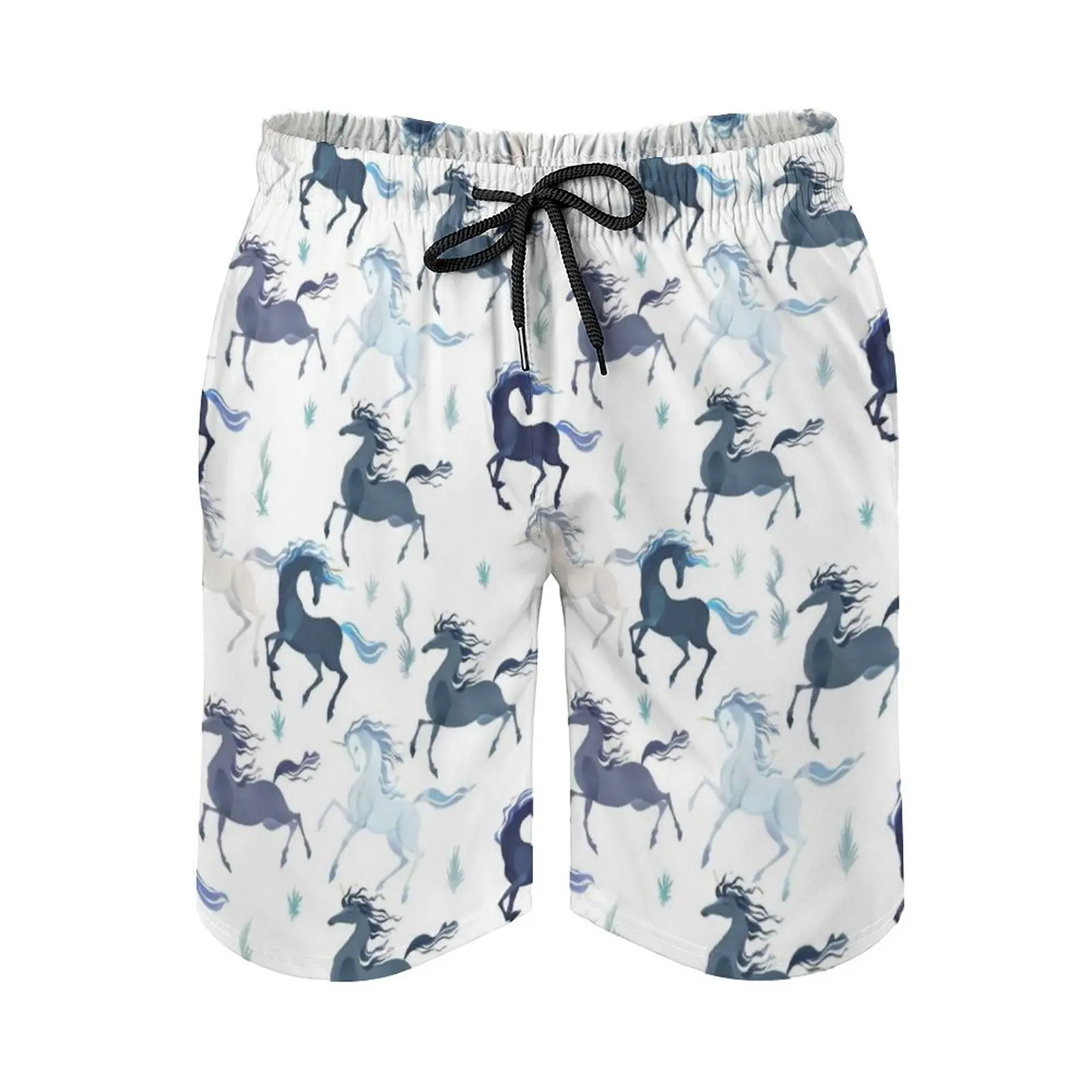 Unicorns Pattern Men's Beach Shorts 3D Printing Loose Surf Board Shorts Beachwear Unicorns Pattern Grass Horses Equine Fantasy