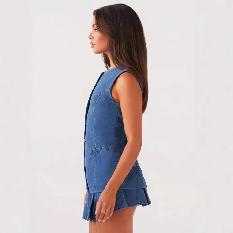 

Summer Fashion Casual Sleeveless High Waisted Women's Suit Denim Short Skirt 709