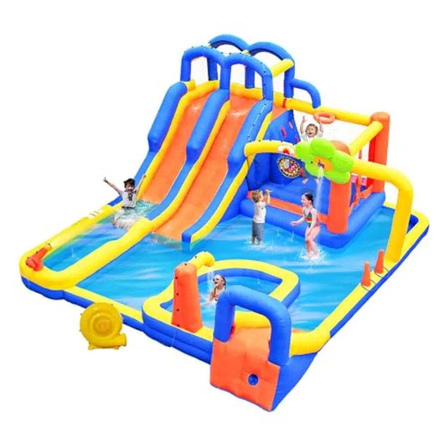 Castillo Inflable con Tobogán Triple, Juego de Dardos, 3 Toboganes, Juego de Lanzamiento de Anillos y Pared de Escalada