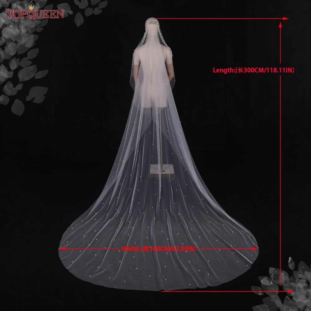 TOPQUEEN Pretty Bridal Wedding Veil Sheer Tulle Pearl Headband 3M Long Cathedral Veil Wedding Accessories V207