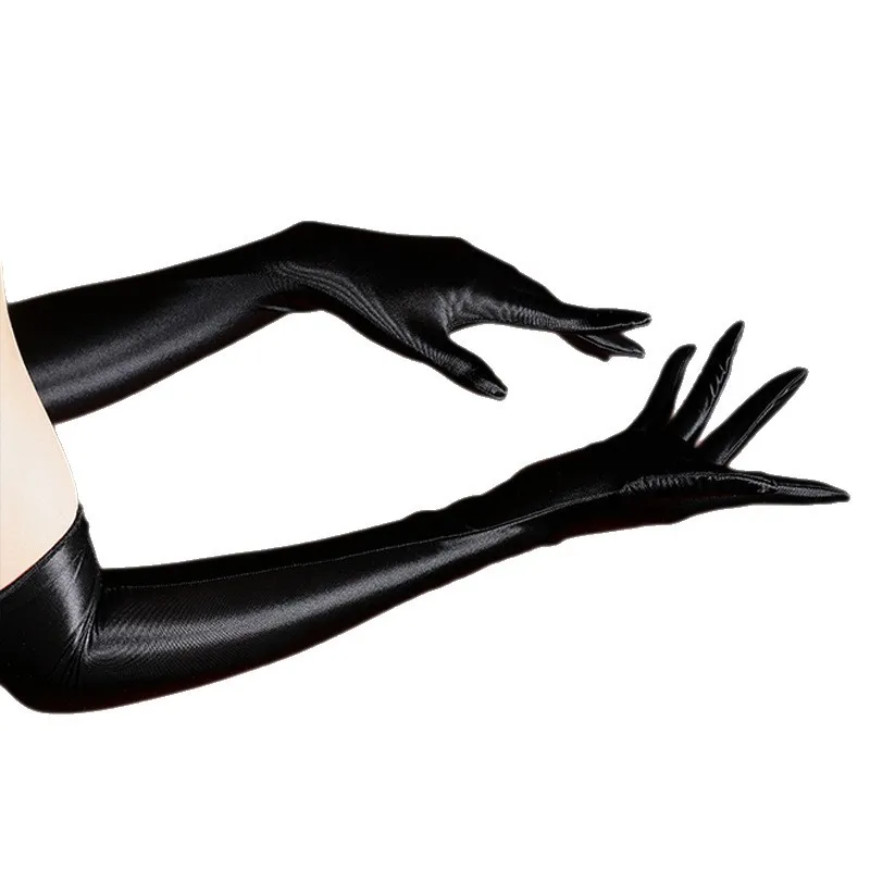 Women Oil Shiny Gloves Five Fingers 80d Silky Sexy Stage Performance High Elastic Masturbation Night Club Wear Long Gloves