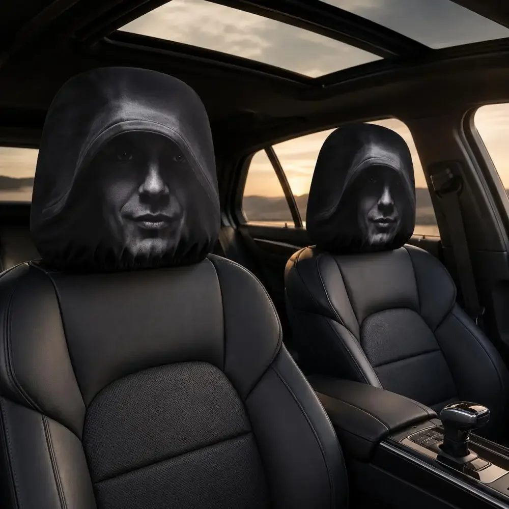 1/2 Stück Universeller Auto-Kopfstützenschutz, Geheimnisvoller Kapuzenmann-Gesichts-Auto-Kopfstützenbezug, 2D Flacher Cooler Hoodie Schwarz Street – Detail 6
