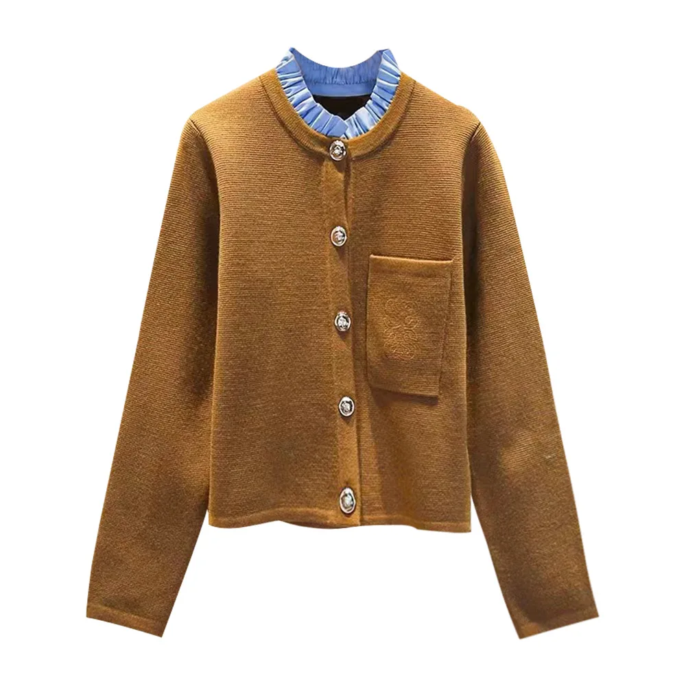 S Home 2024 Otoño Invierno nuevo Sle Retro volante Svel suéter de punto cárdigan abierto desmontable cuello de seta bordado