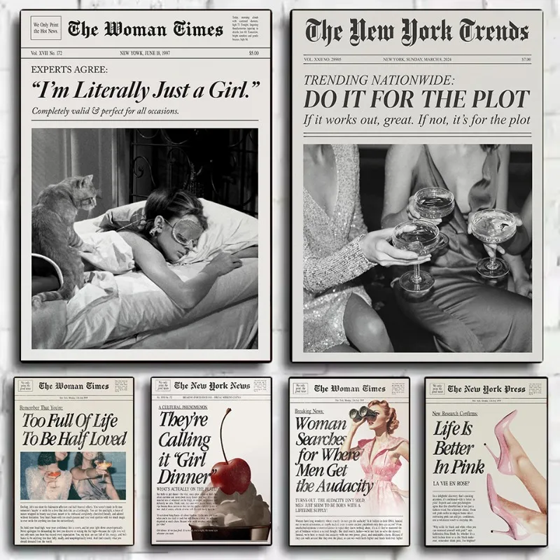 Retro Trendy Newspaper Style Girl Power Pink Feminist Motivational Quotes Poster Canvas Painting Wall Art Pictures Home Decor