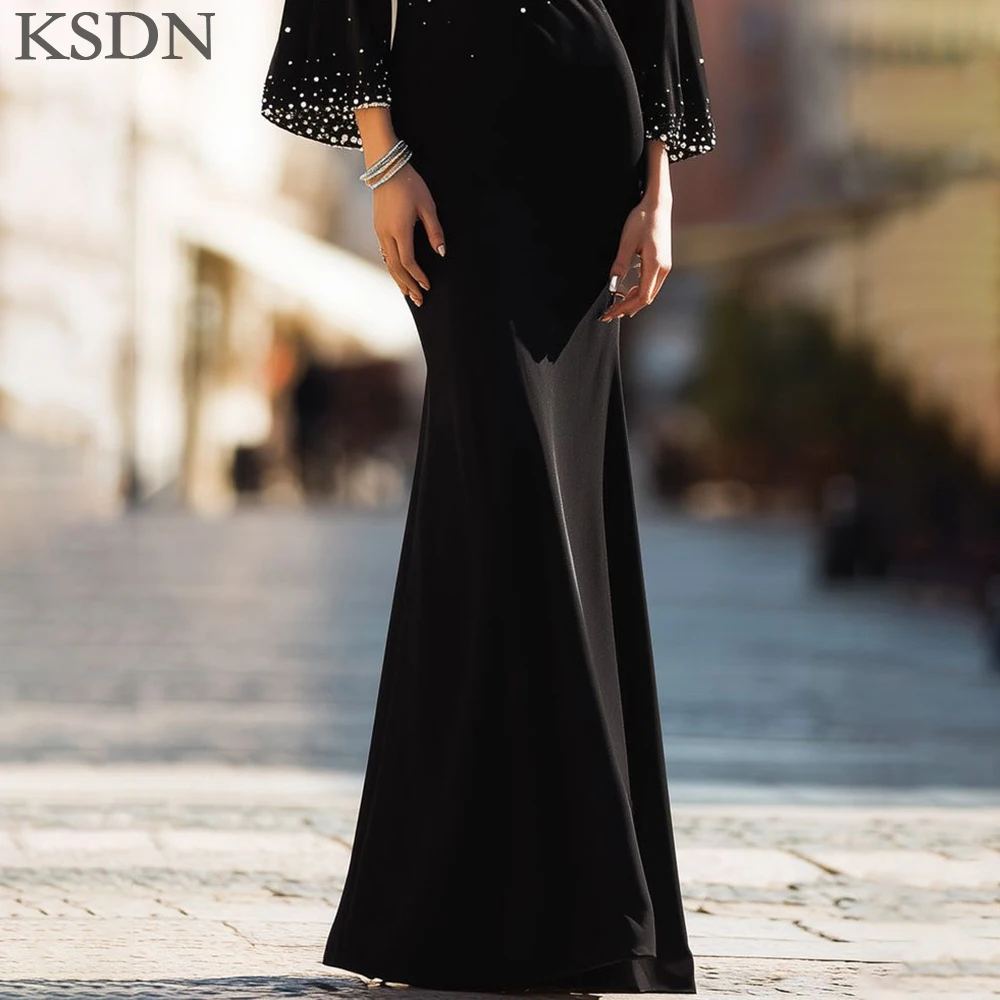 فساتين سهرة رسمية سوداء من KSDN موضة كريستال على شكل قلب وأكمام طويلة بطول الأرض مناسبة خاصة فستان فيستدوس