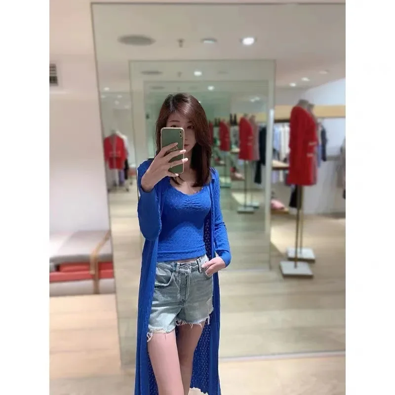 Woman Blue Hollow Crochet Top Knitted Casual Sexy Sling