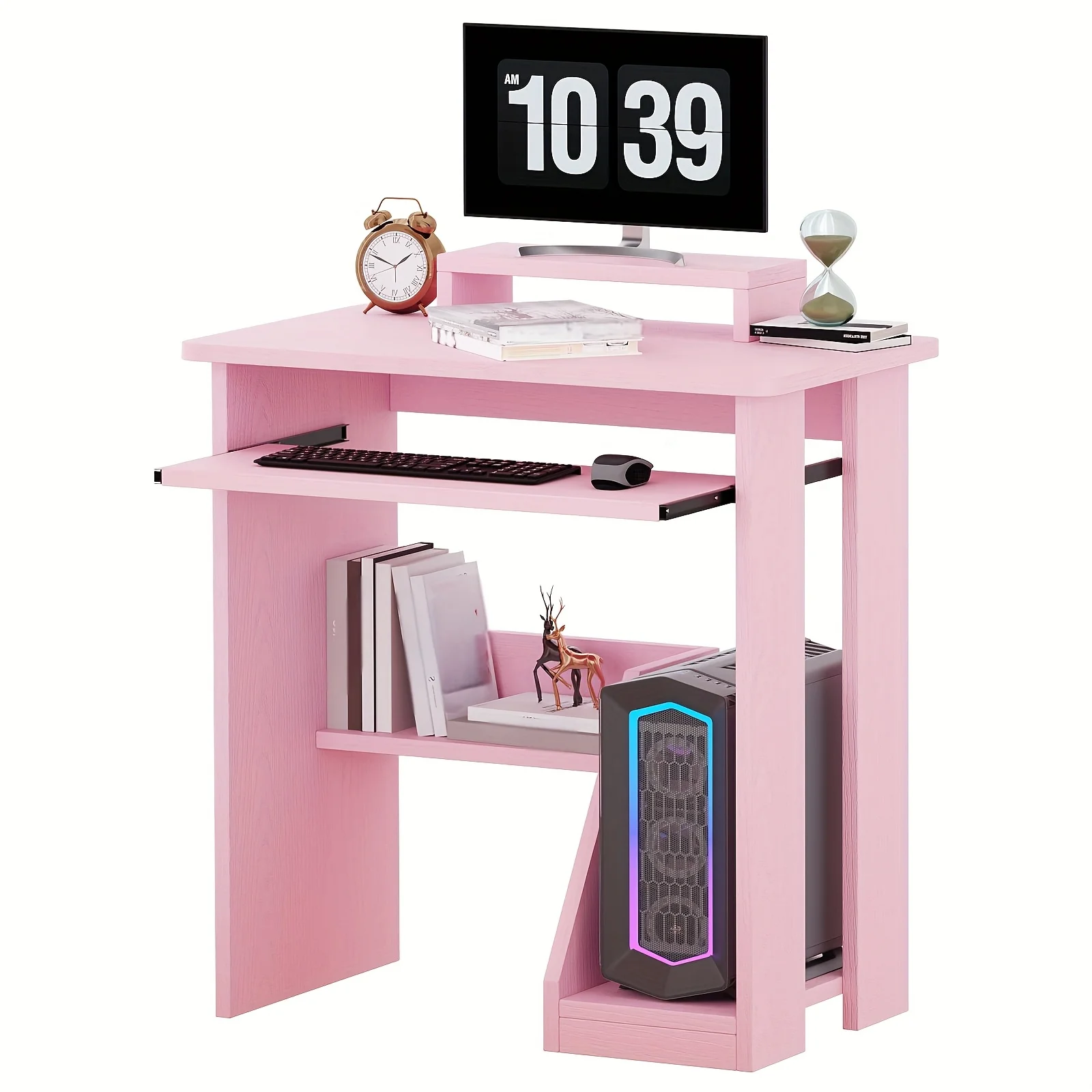 

30" Pink Corner Computer Desk with Drawers - Space-Saving Design, Monitor Stand & Keyboard Tray, Ideal for Home Office