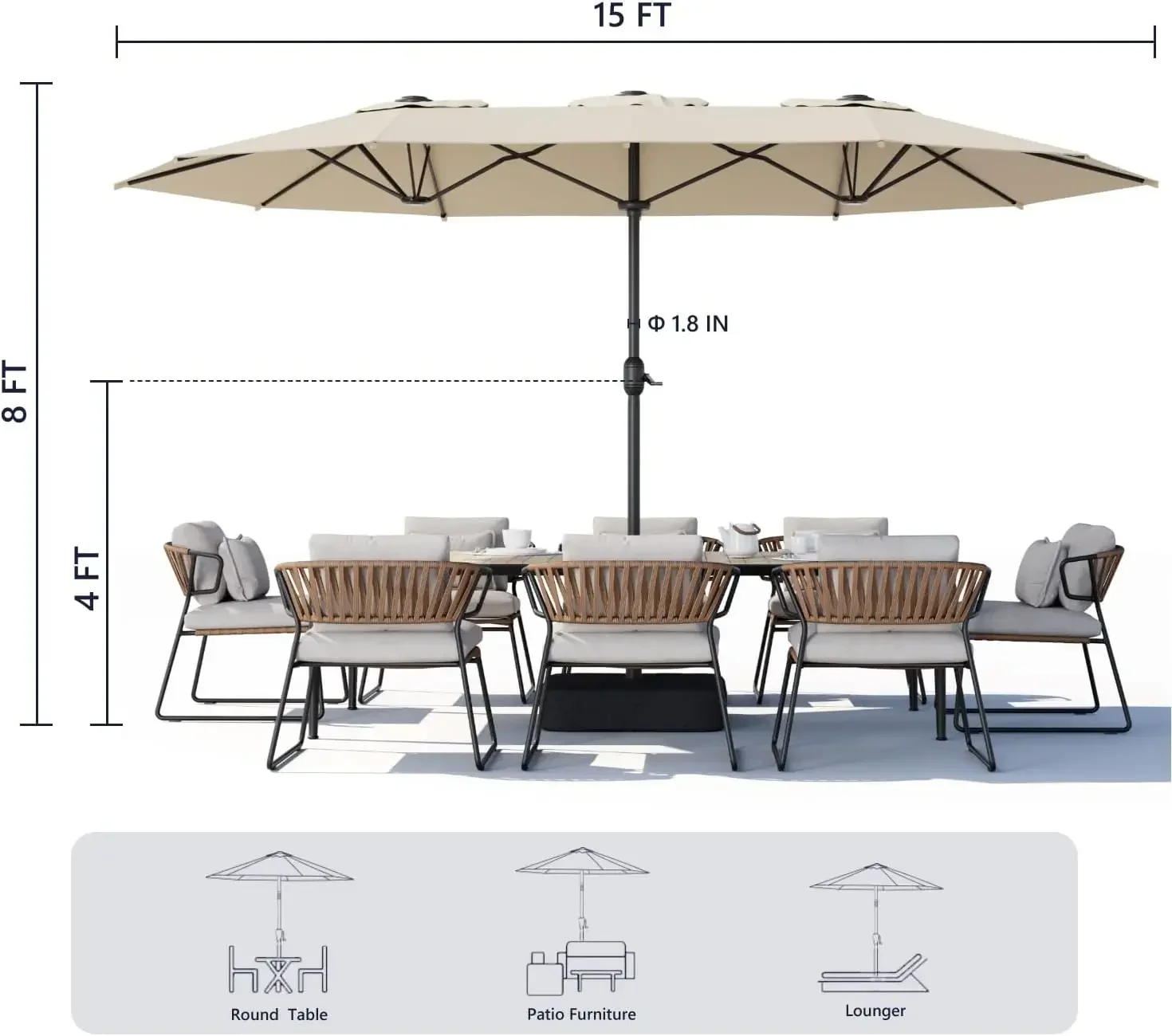 

Beanss Outdoor Patio Umbrella, Table Umbrella with Push Button Tilt and Crank, 8 Ribs Market Umbrella
