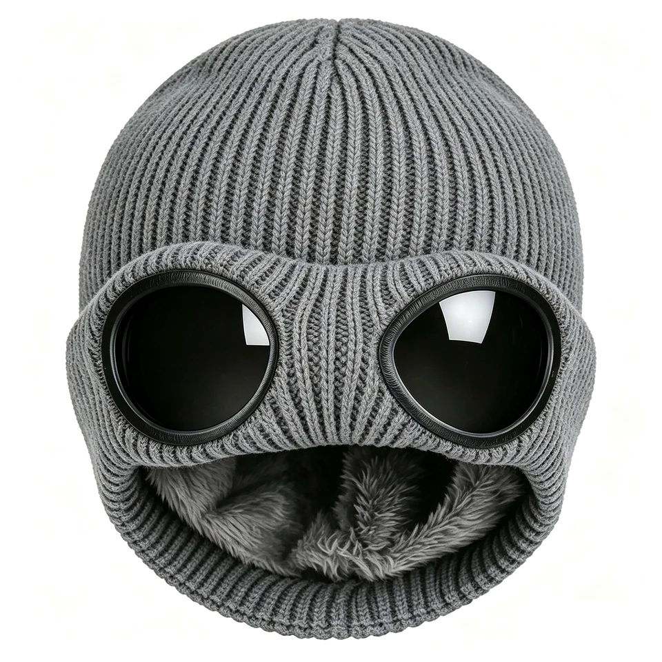 Knit Beanie Hat with Goggles Windproof Skull Cap for Men Women Fleece Lined Acrylic Warm Winter Hat Less Static Stretch Black, image 7