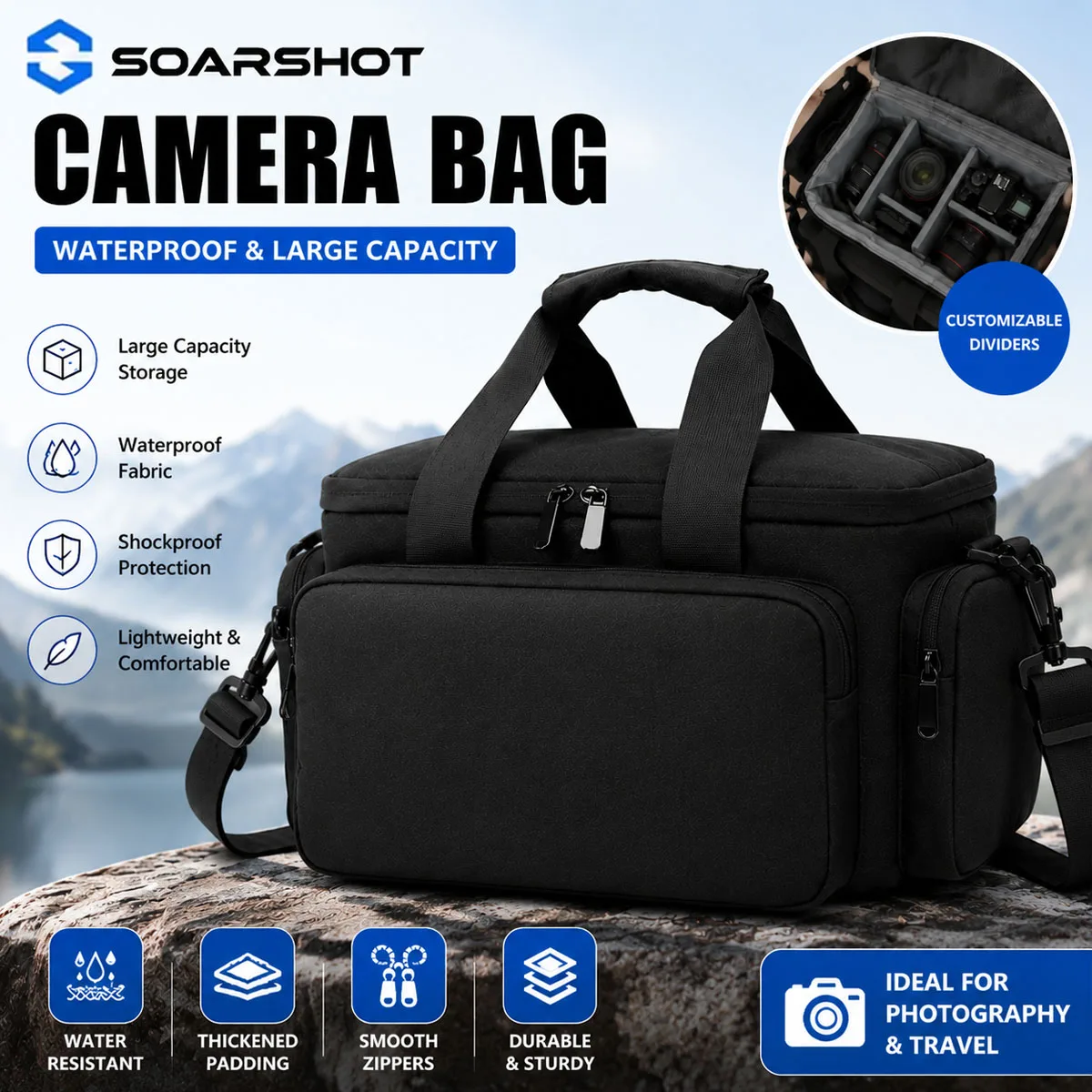 SOARSHOT Waterproof Camera Bag DSLR Case Large Capacity Handbag Shoulder Bag with Adjustable Dividers Shockproof Travel