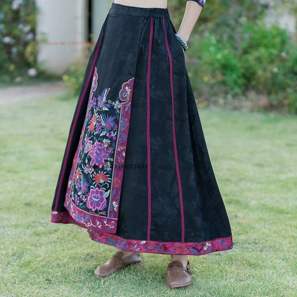 2025 traditional chinese vintage skirt national flower embroidered satin jacquard skirt oriental elastic waist folk dance skirt