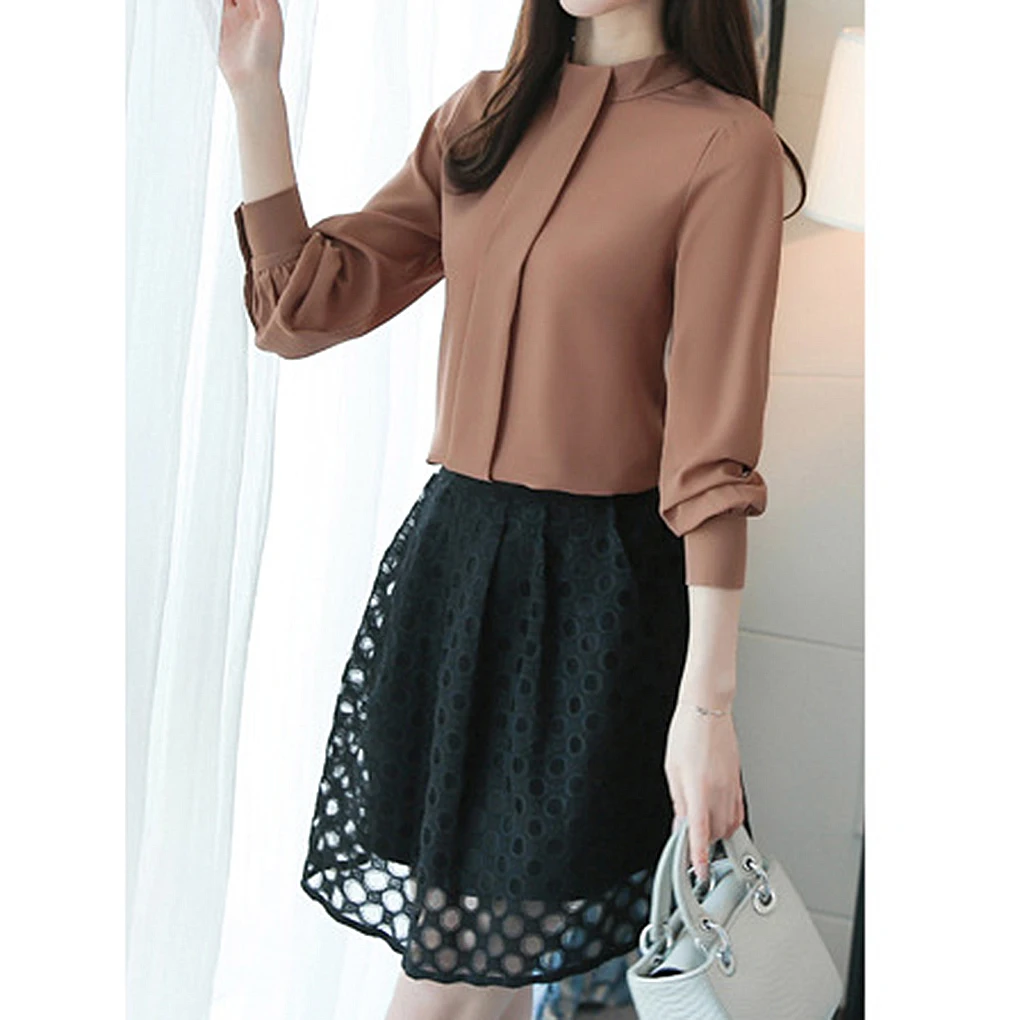 Dames chiffon shirt effen kleur lange mouwen blouse meisjes opstaande kraag tops