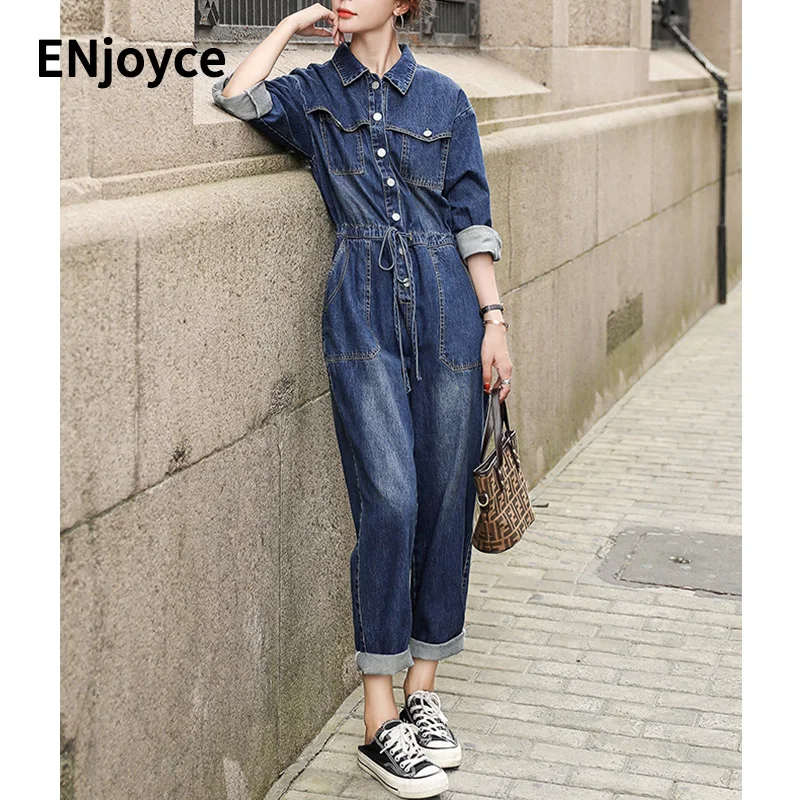 

ENjoyce Women Drawstring Denim Jumpsuit Spring Fall Korean Style Long Sleeve High Waist Jeans Bodysuits Overalls Y2K Streetwear