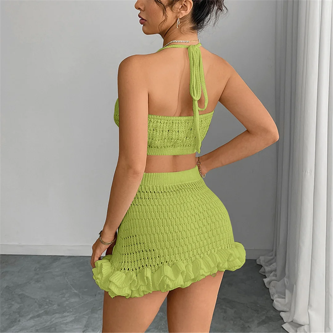 Neues, gerüschtes, halterloses, ausgeschnittenes, gehäkeltes, gestricktes 2-teiliges Set, Sommerkleid, Strandkleidung, Cover-up, zweiteiliges Set für Damen, V7169 – Detail 10