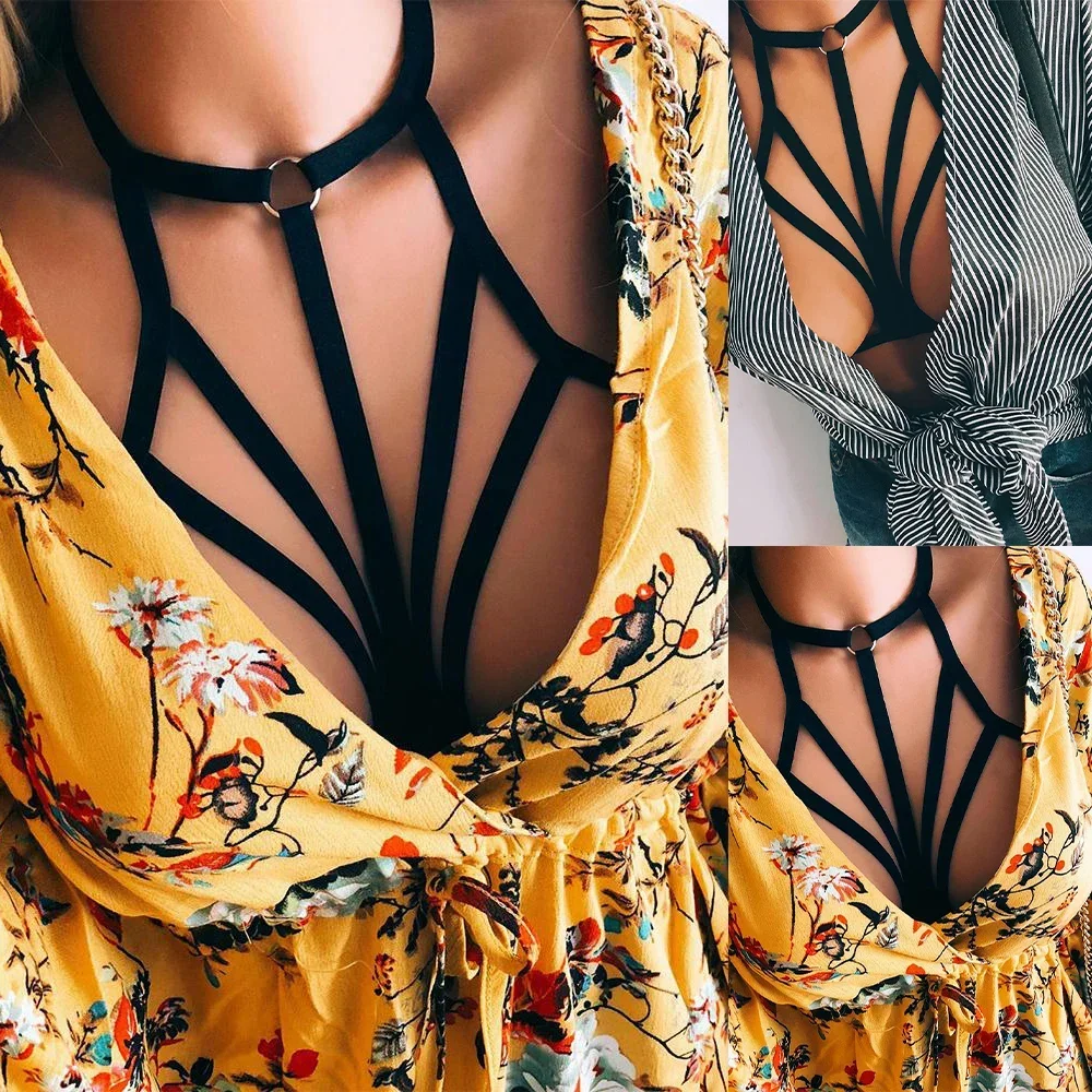 Women Goth Sexy Elastic Harness Bandage Bustier Hollow Cage Bra Tops Bralette Lingerie Tanks Lady See Through Exotic Apparel