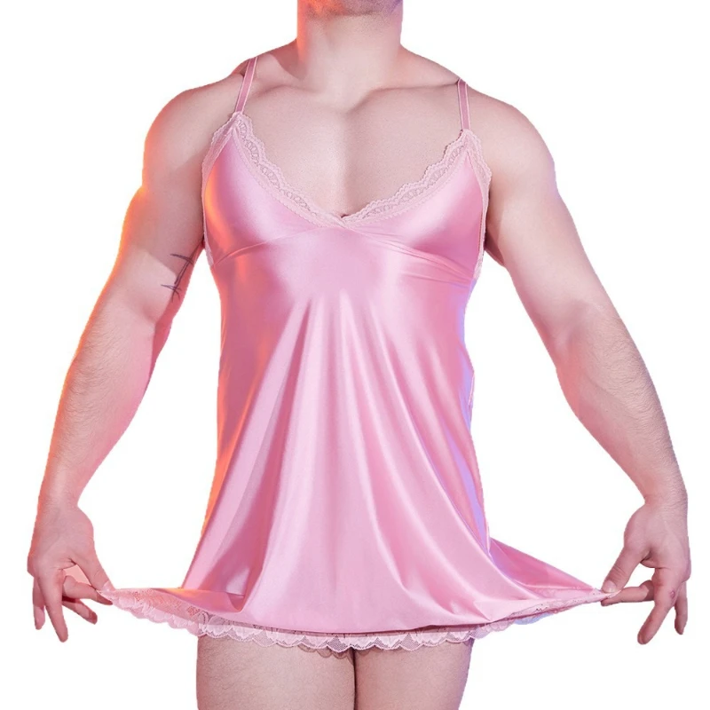 

Men's Sexy Dress Lace Adjustable Smooth Satin Silk Low Chest Suspender Nightdress Crossdressing Sissy Lingerie Mini Dresses