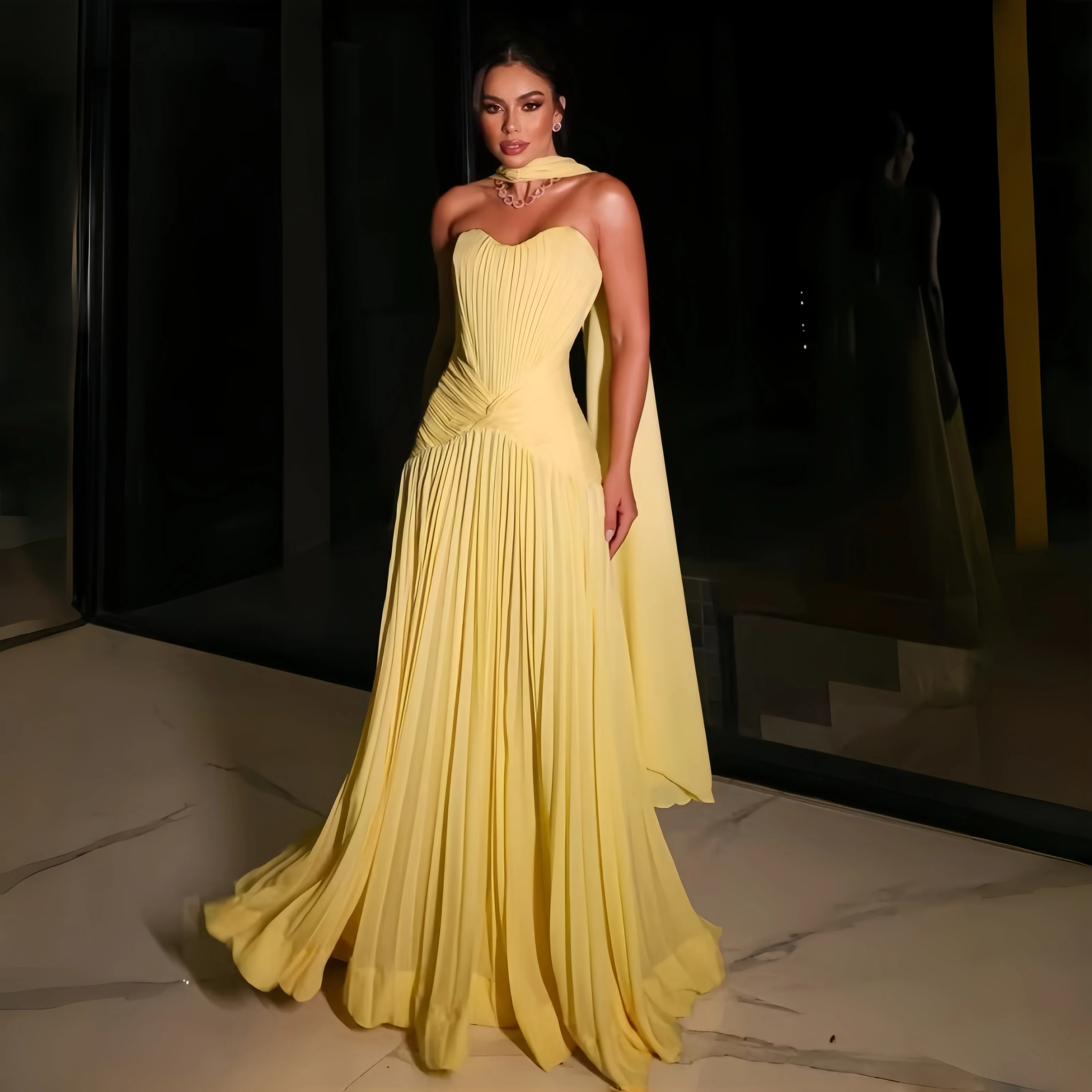 Yellow Ribbons Evening Dresses A Line Pleated Vestido Formales Chiffon Sweetheart Vestidos De Verano 2026 Customized