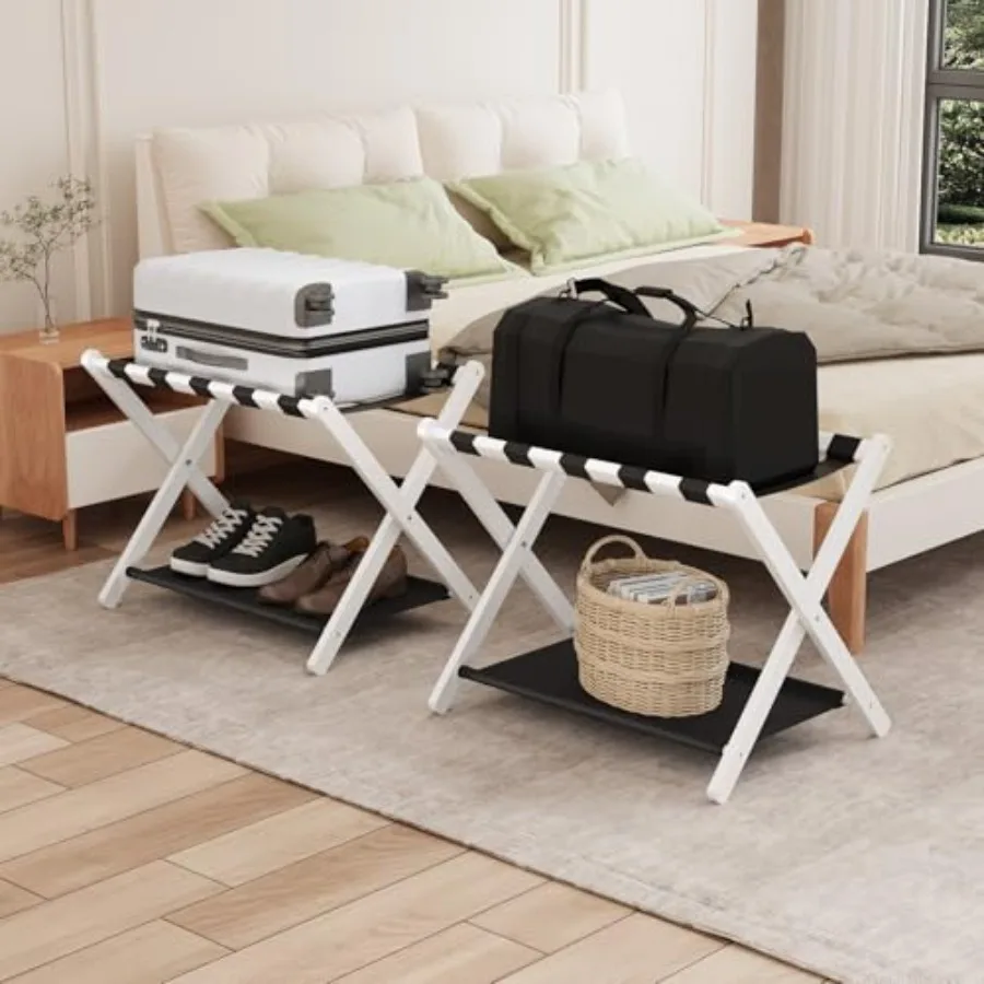 

White Bamboo Luggage Rack Pack of 2, Foldable Suitcase Stand with Storage Shelf, Easily Assembled Luggage Stand with 5 Nylon St