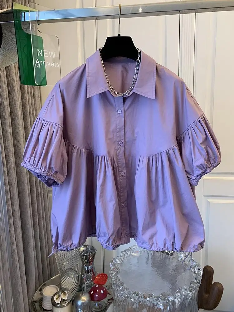 Summer Purple Pleated Short Sleeve Loose Shirt Women Tops Korean Chic Solid Color Single Breasted Casual Blouse Camisas De Mujer