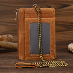 Luufan Leather Men Women Zipper Coin Purse Crazy Horse Leather Card Holder Short Wallet with iron Chain Money Cash Clutch Wallet