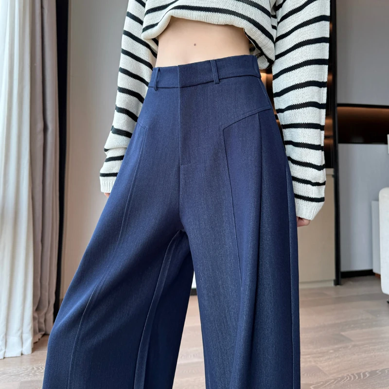Y2K Navy Blue Imitation Denim Pants Women Autumn High Waisted Lazy Drooping Casual Straight Leg Floor Length Wide Leg