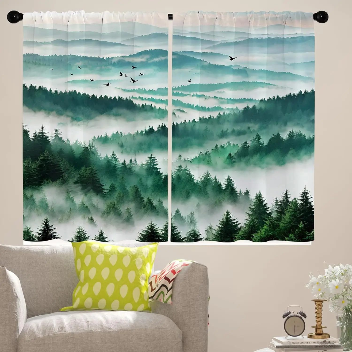 

Green Fall Forest Kitchen Curtains 36 inches Misty Mountain Foggy Tree Landscape Men Woodland Cafe Small Short Nature Sence
