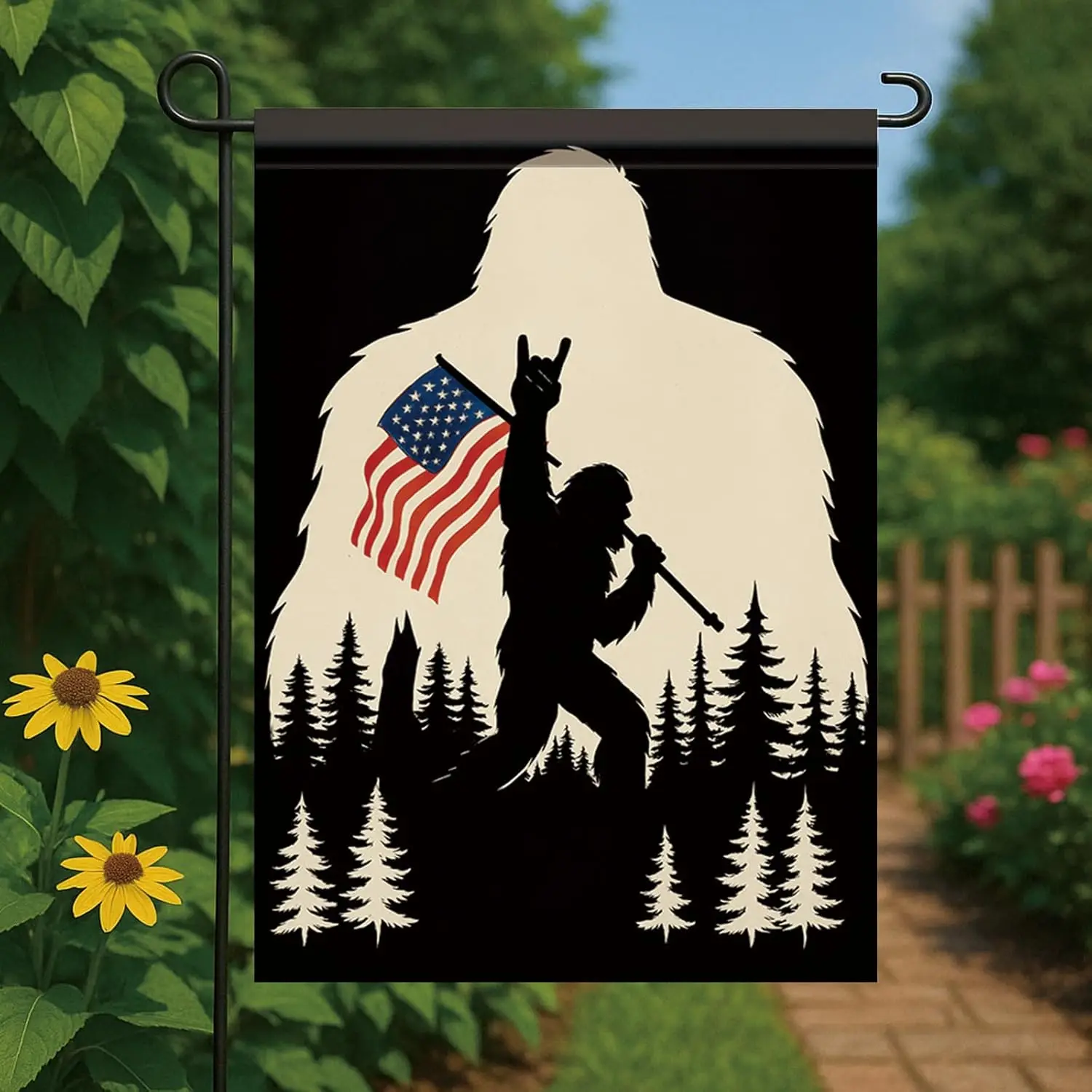 Patriotic Sasquatch Garden Flag 12x18 Inch Double Sided American Flag Rock Hand Forest Outdoor Banner Funny Yard Decor for I yyi