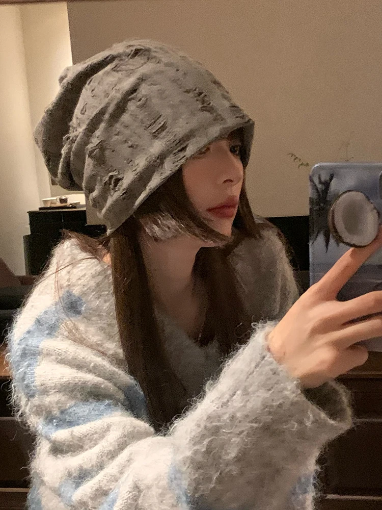 Warm Hole Punching Winter Hat Women's Autumn Winter Versatile Ear Protection Moon Hat Korean Trendy Big Head Size Scarf Hat