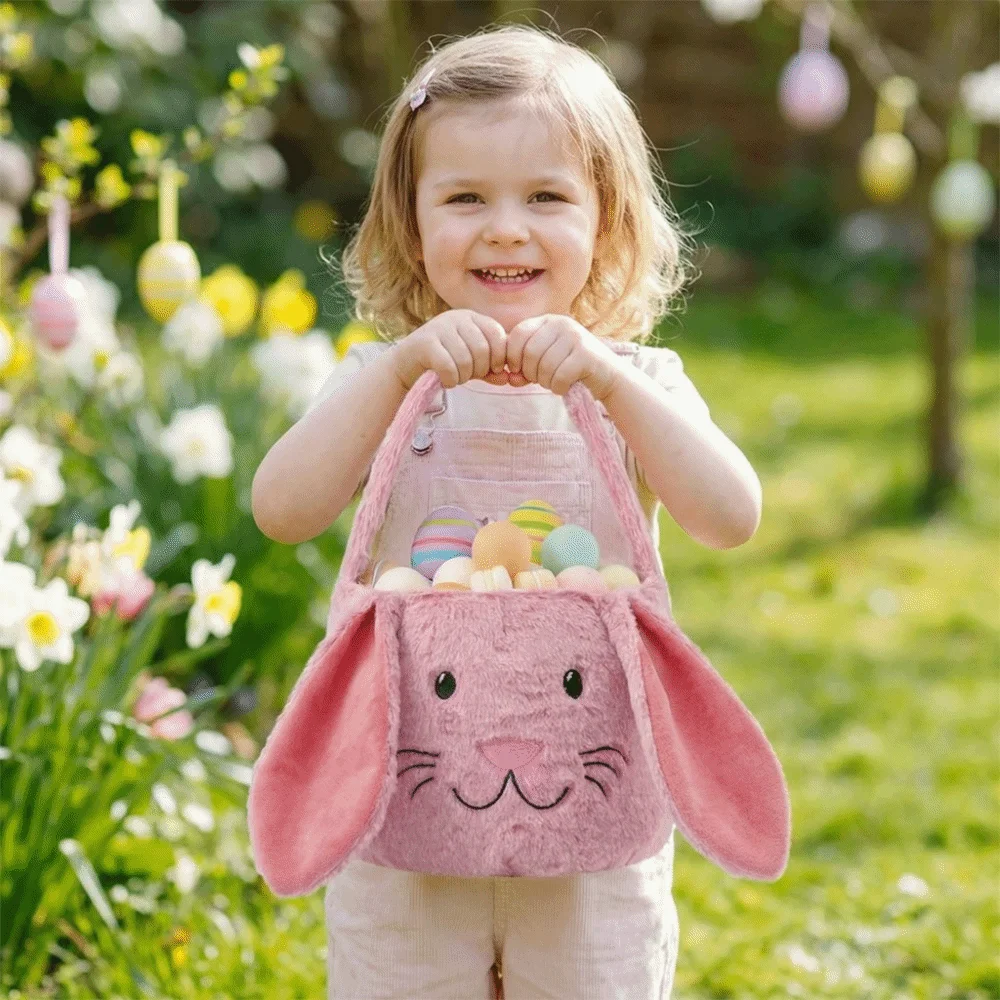 

Decorative Basket Bunny Easter Basket Long Ear Soft Fluffy Plush Basket Large Capacity Portable Easter Bucket Household Storage