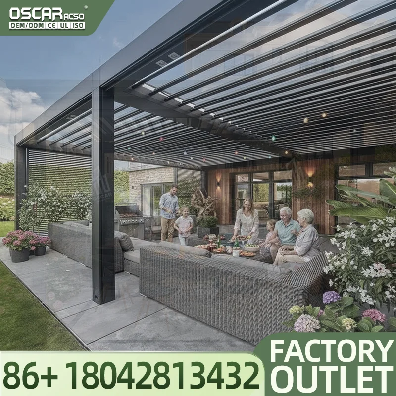 Outdoor Louvered Roof  Systems with Curtain Bioclimatic Gazebo for Garden Patio Backyard Pergola